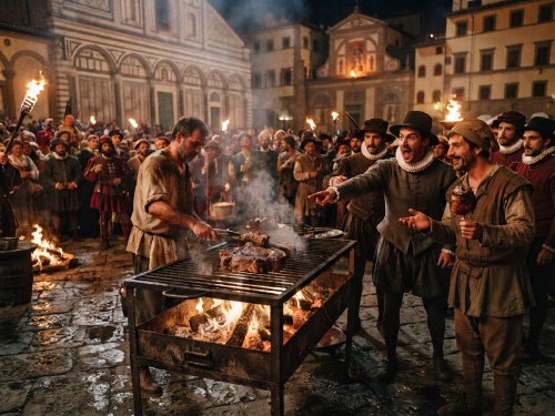 Griglia bistecca alla fiorentina per due mercanti inglesi, in una piazza di Firenza nel 1500