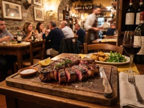Bistecca alla fiorentina tagliata su tagliere in trattoria